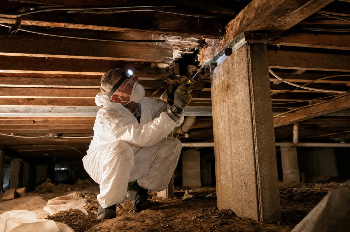 Technician treating mold in a pier-and-beam crawlspace under an older Fort Worth, TX home