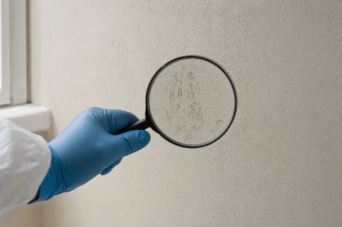 Gloved hand inspecting a mold-affected wall with a magnifying glass in a Fort Worth, TX home