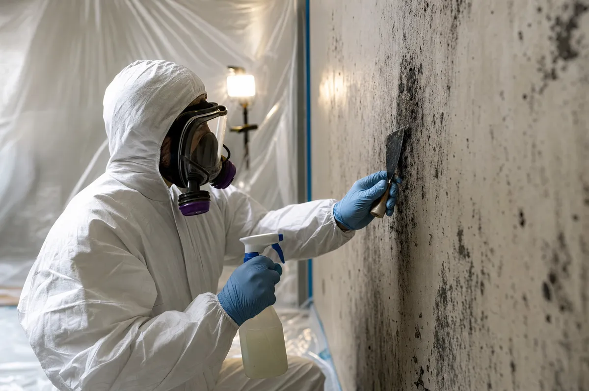 Technician scraping mold from a wall inside a sealed containment in a Fort Worth, TX home