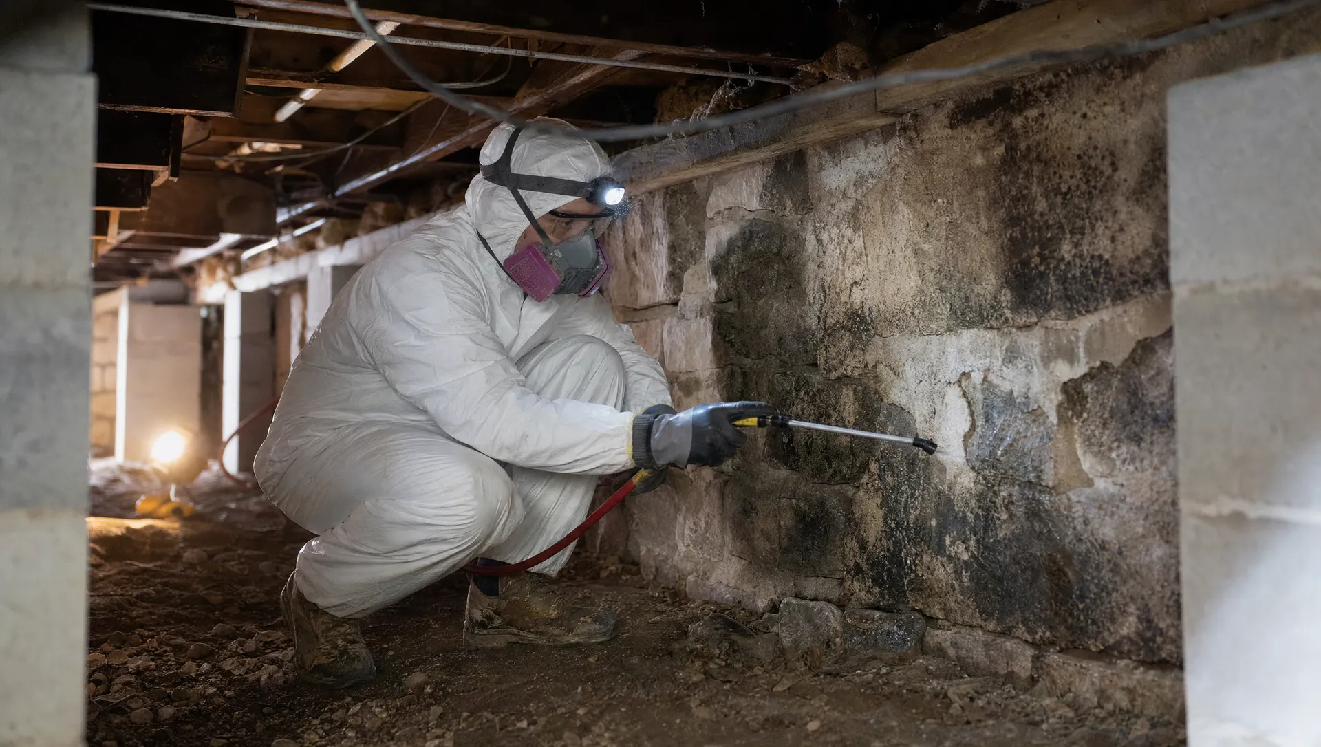 Technician treating mold in a pier-and-beam crawlspace under an older Fort Worth, TX home