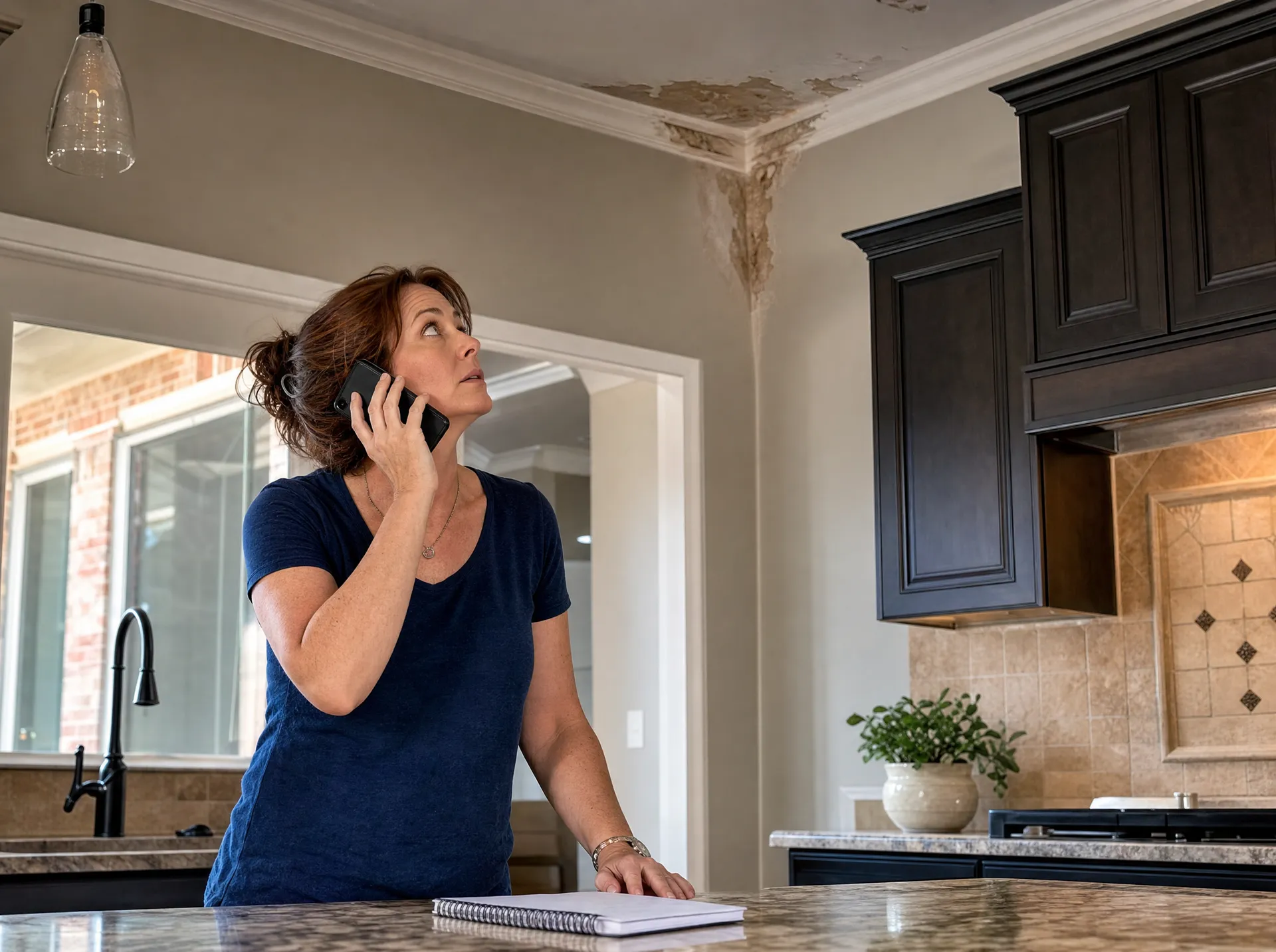 Fort Worth homeowner calling about mold help while looking at a ceiling water stain
