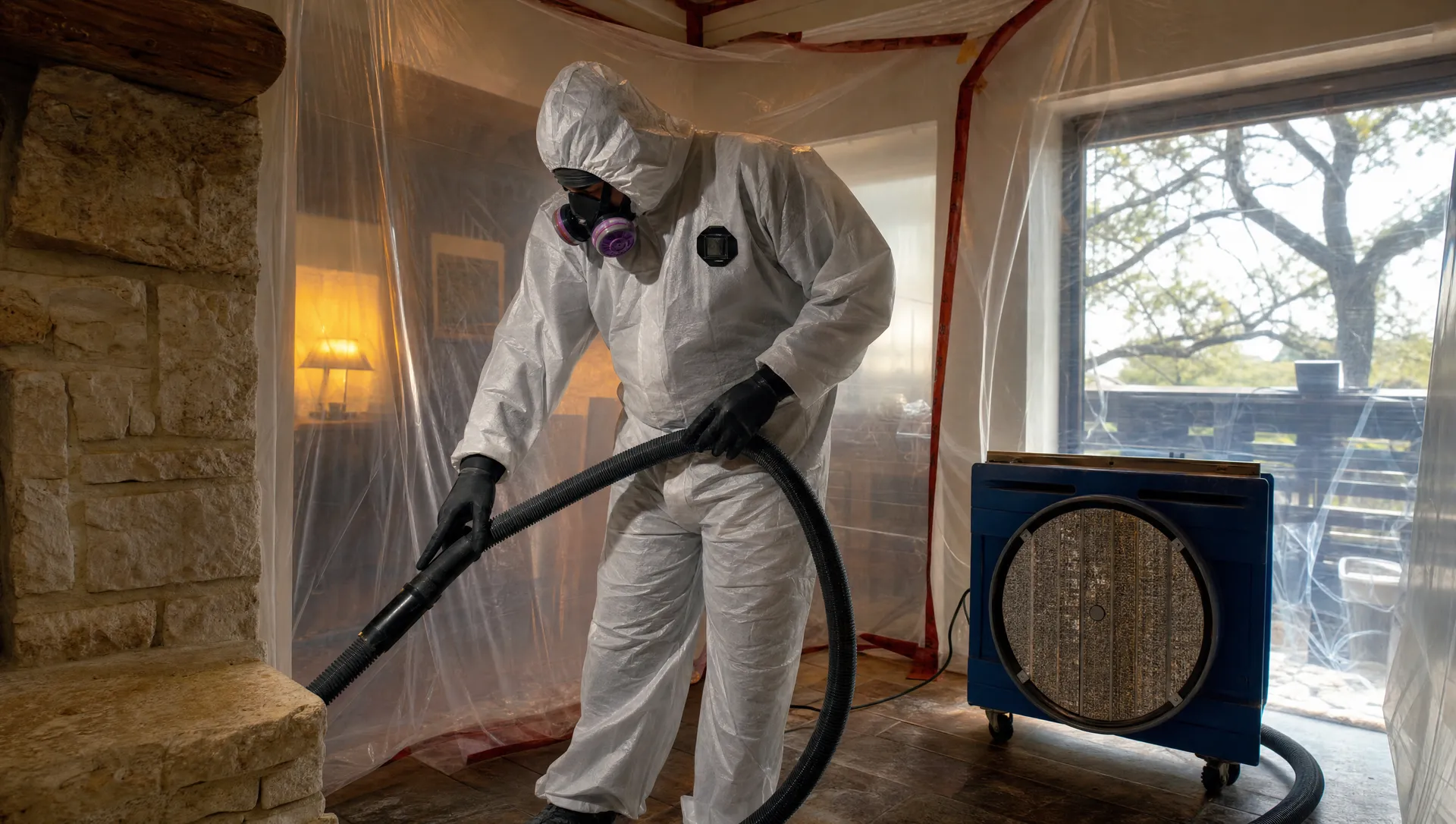 Mold remediation technician working inside a sealed containment in a Fort Worth, TX home